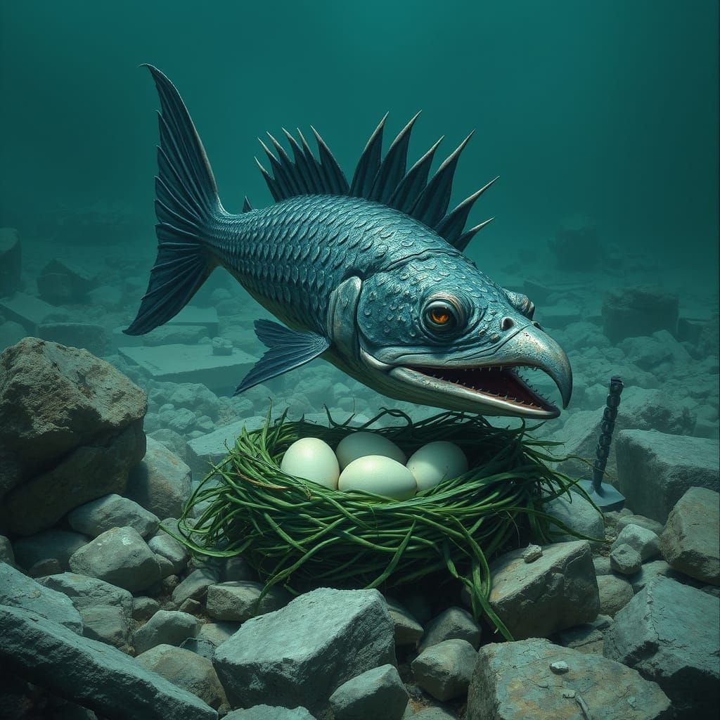 Eagle-Fish Guarding Nest in Bio-Mechanical Style