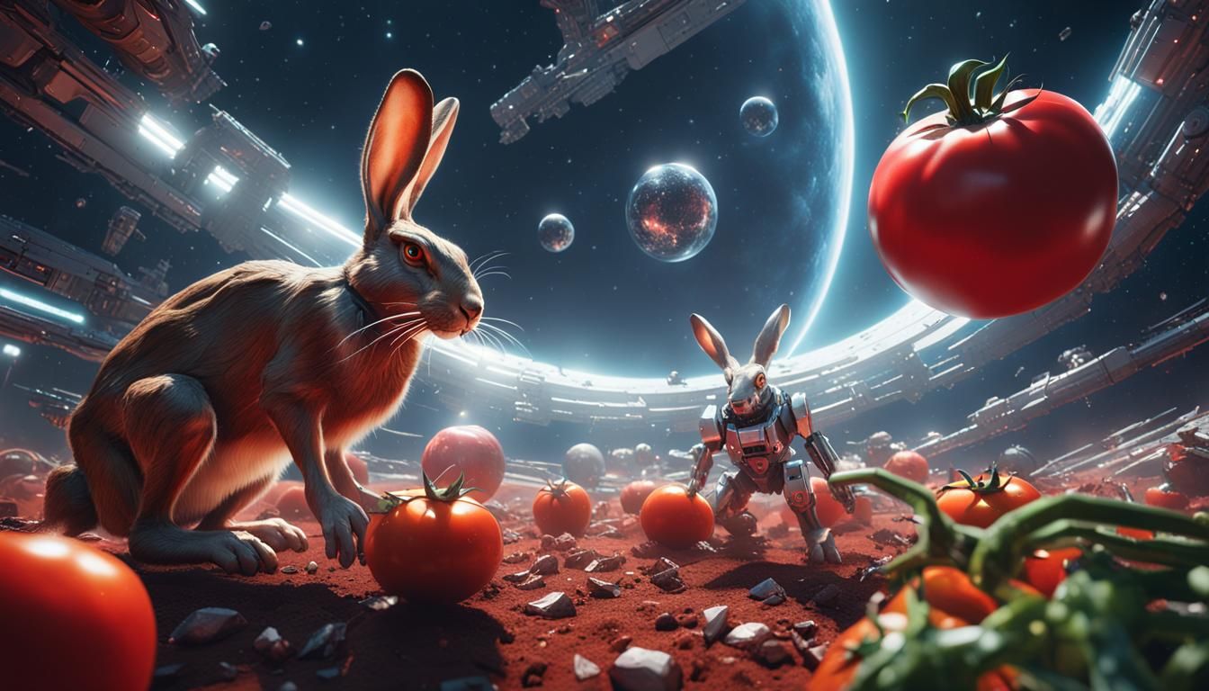 Giant Hare Versus Tomato in Space, Sci-Fi Render