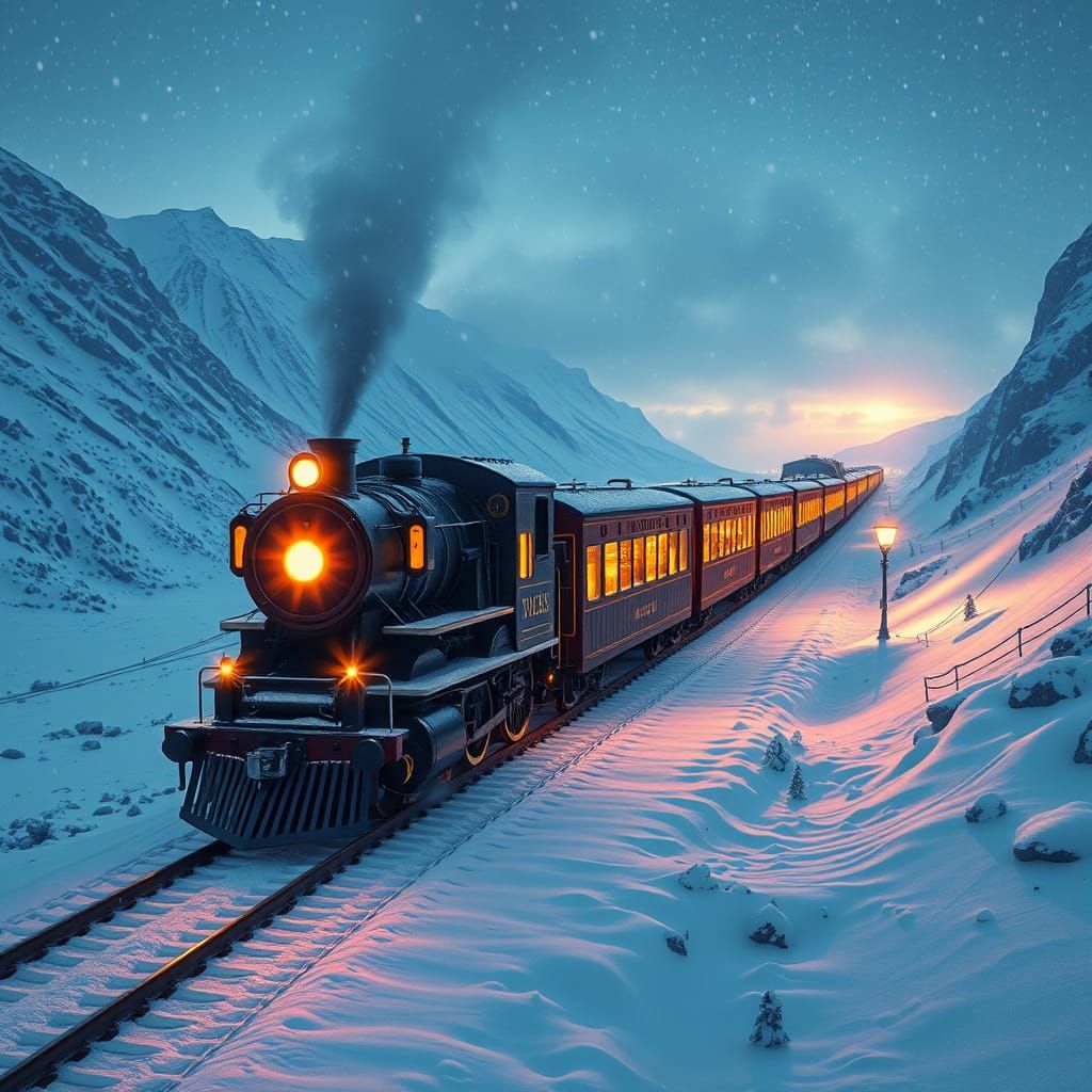 Vintage Steam Train Crosses Snowy Mountains