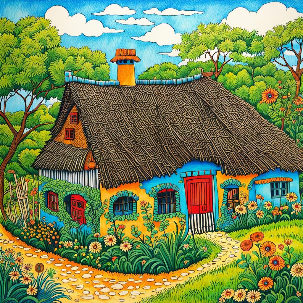 Thatched Roof Buildings in Zentangle Style