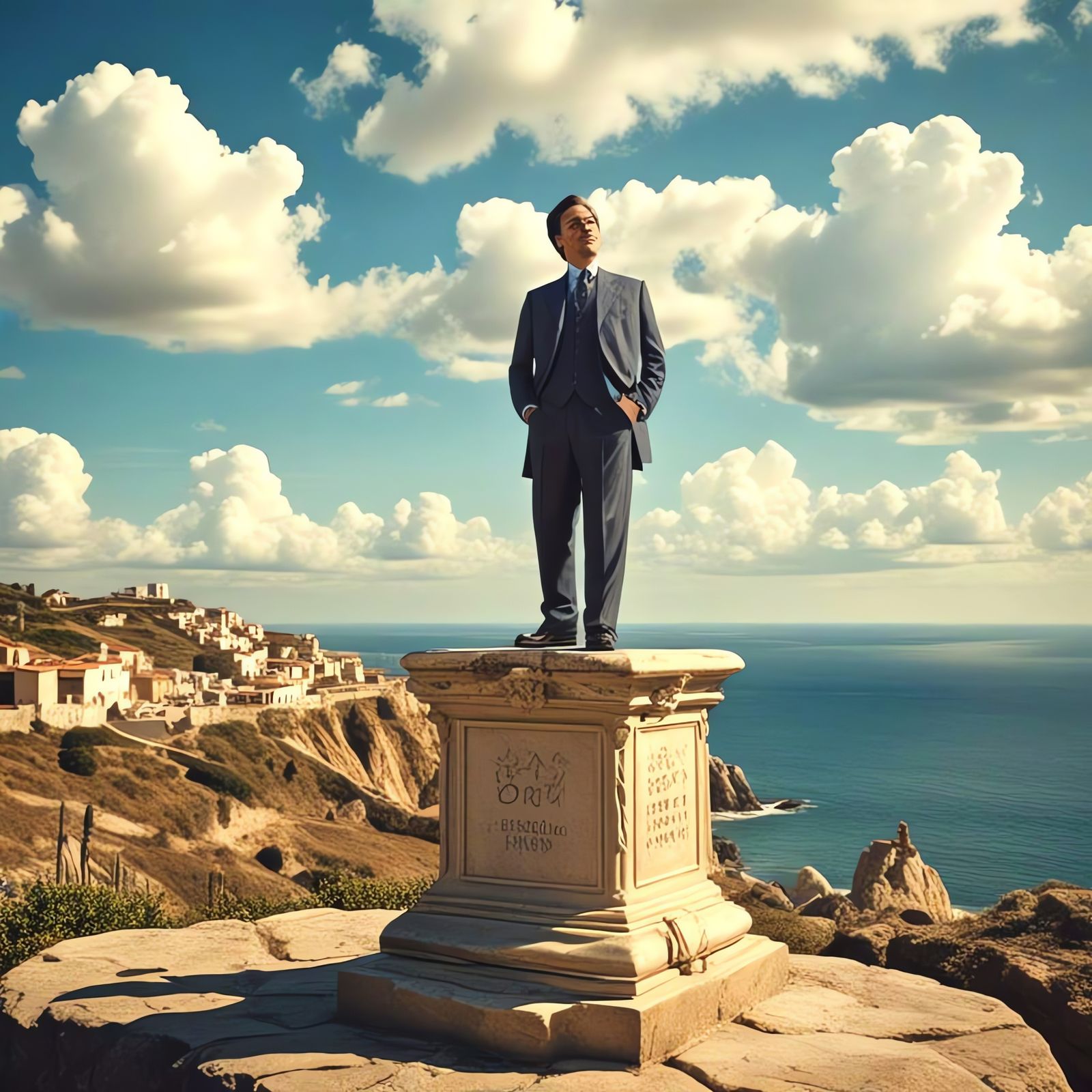 Dignified Gentleman Overlooks Coastal Town in Serene Splendo...