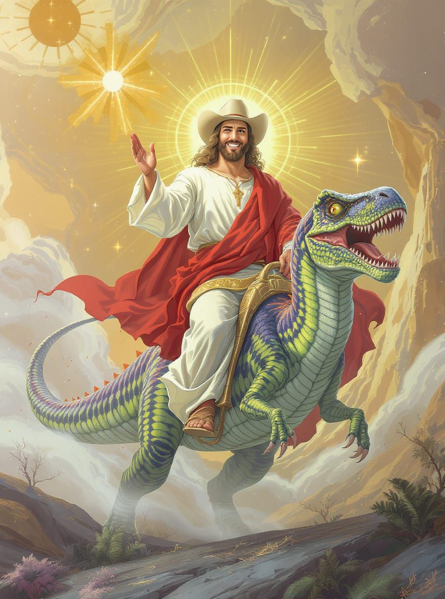 Jesus Rides Velociraptor in Futuristic Art Style