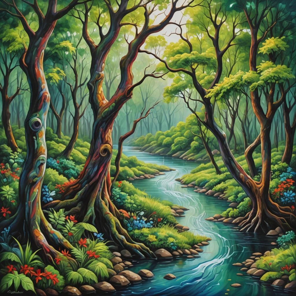 Surreal River Landscape in Oil Painting Style