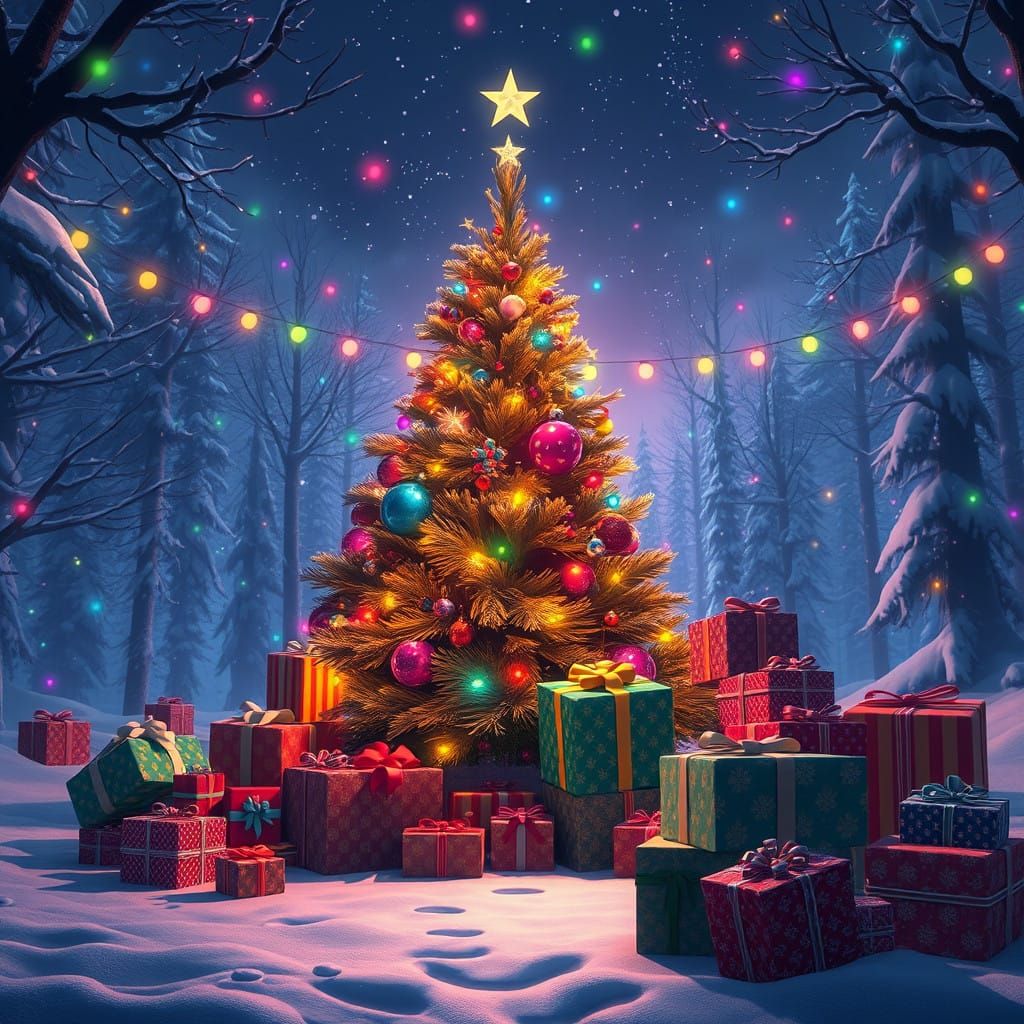 Vibrant Xmas Eve Scene in a Fantastical Forest