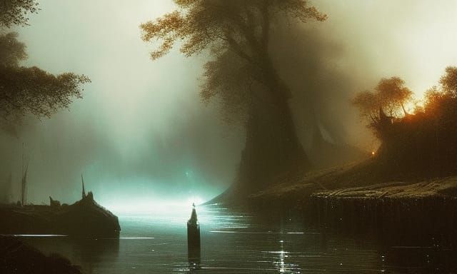 Sinister Nixie Emerges from River in Ink Painting