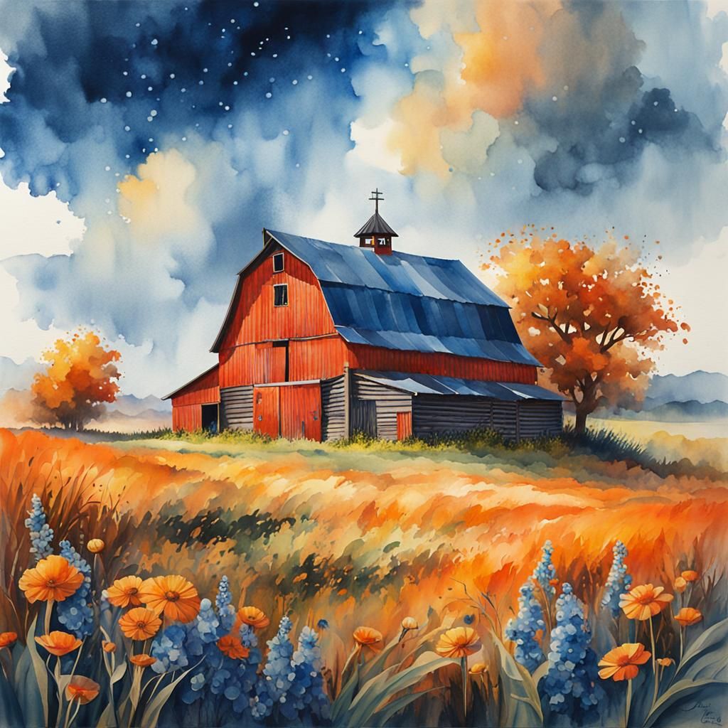 Watercolor Barn in Wilderness Meadow