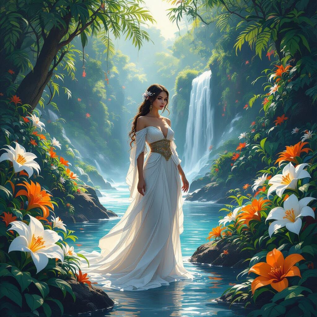 Serene Woman in Lush Rainforest with Waterfall