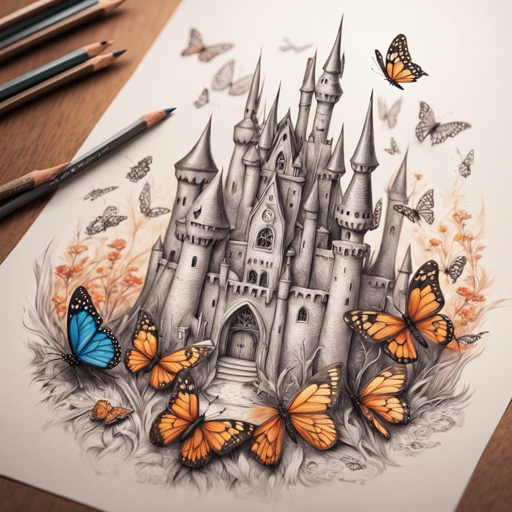 Fairytale Castle Pencil Art on Wooden Desk