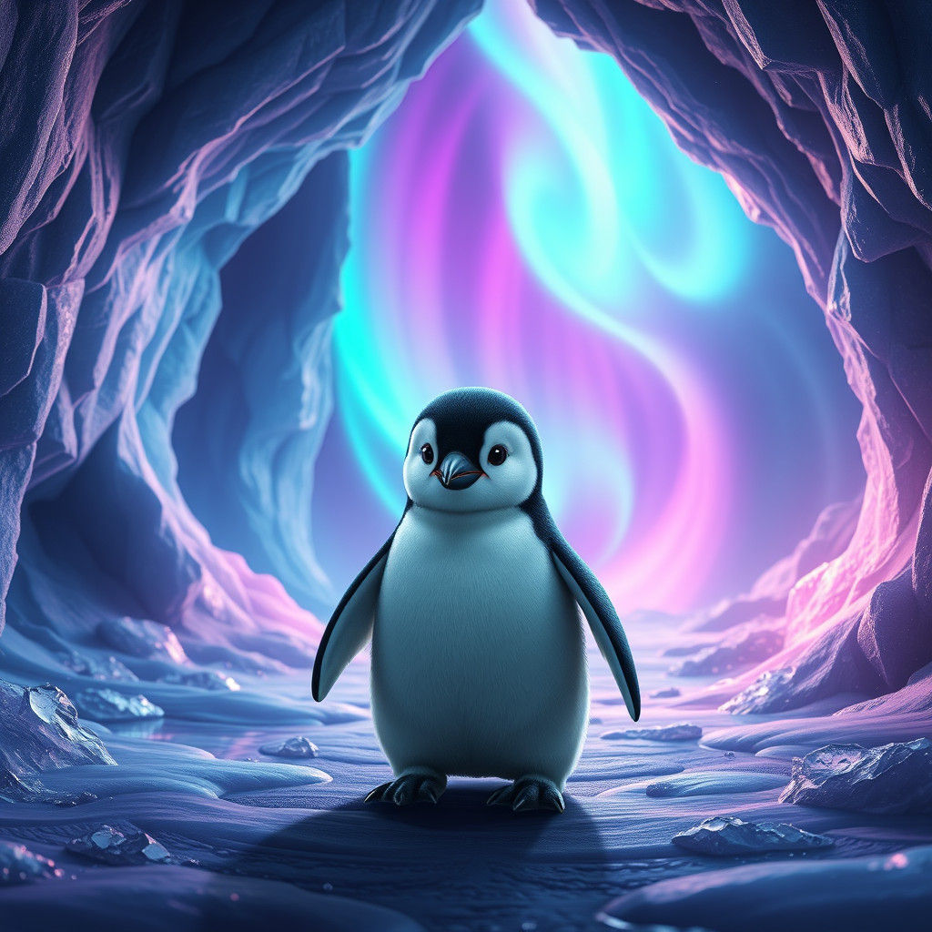 Adorable Penguin in Aurora Borealis Icy Landscape