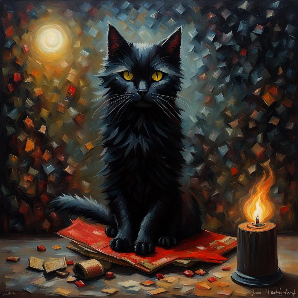 Black Cat in Magical Art Museum at Midnight