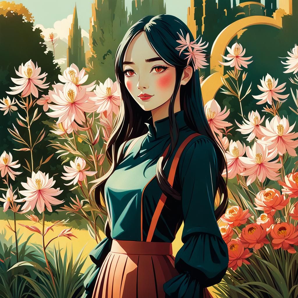 Gleaming Girl in Gothic Garden Illustration