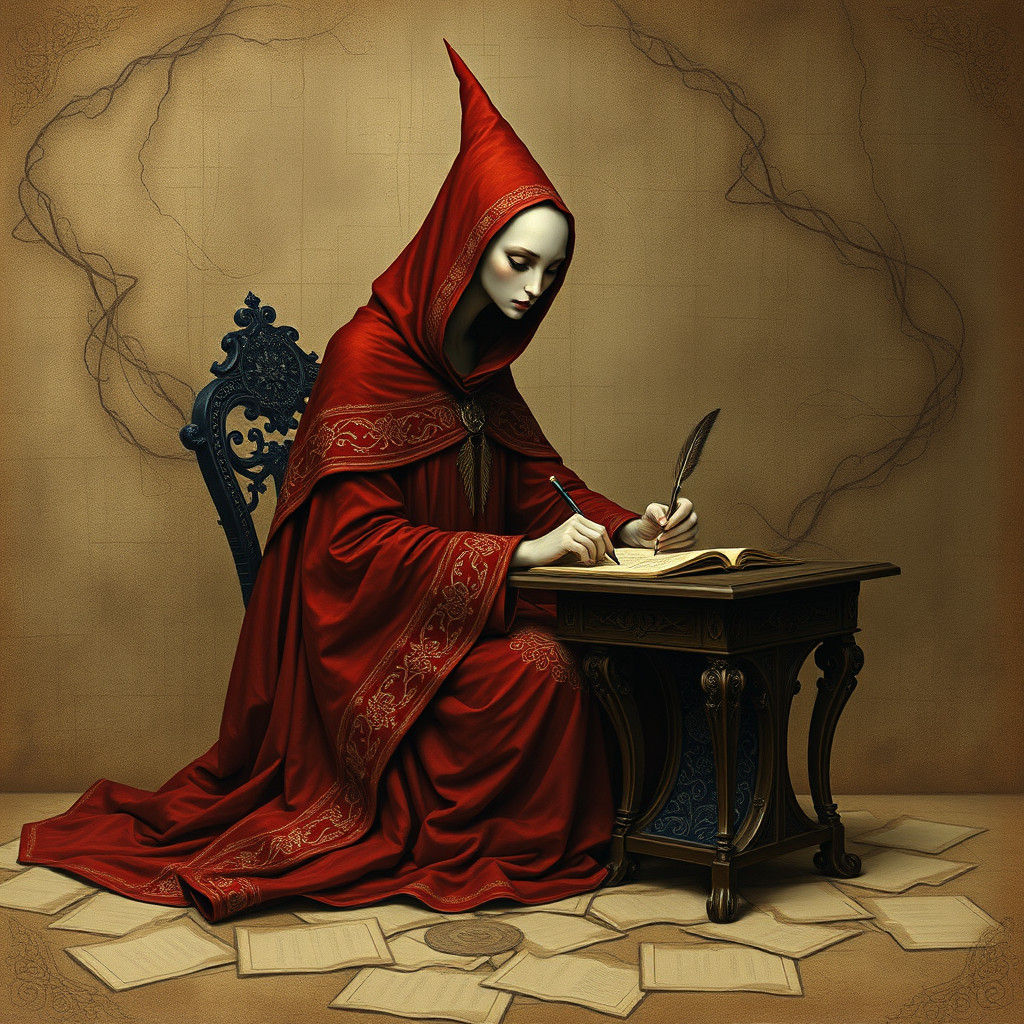Ethereal Figure Writing at Desk in Surreal Style