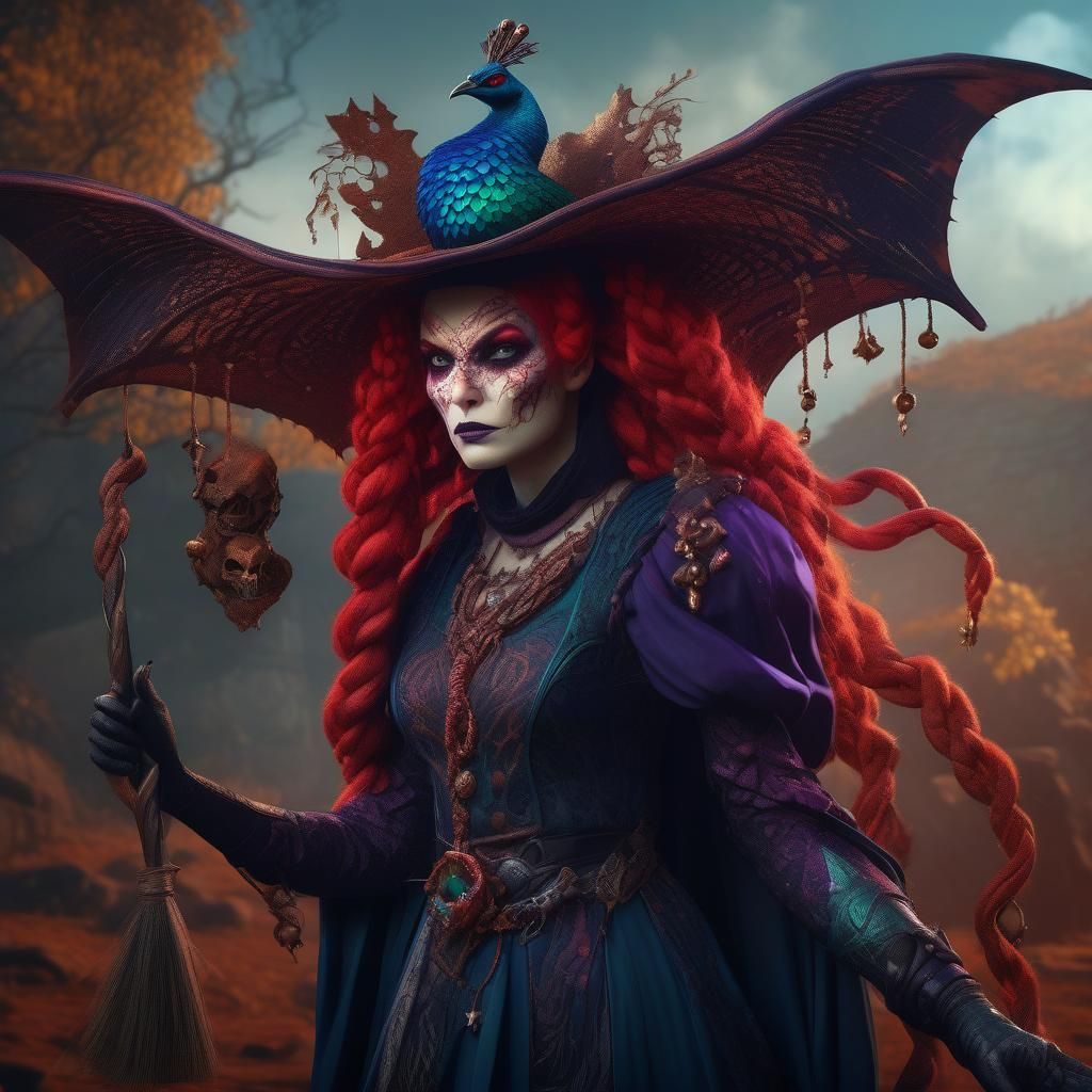 Peacock Bat Demon Witch in Detailed Fantasy Art