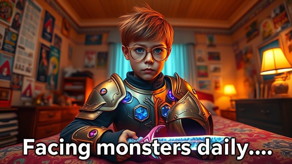 Young Boy Donning Magical Armor in a Vibrant Bedroom