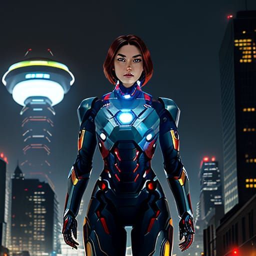 Heroic Iron Woman Stands Guard Beside Alien UFO