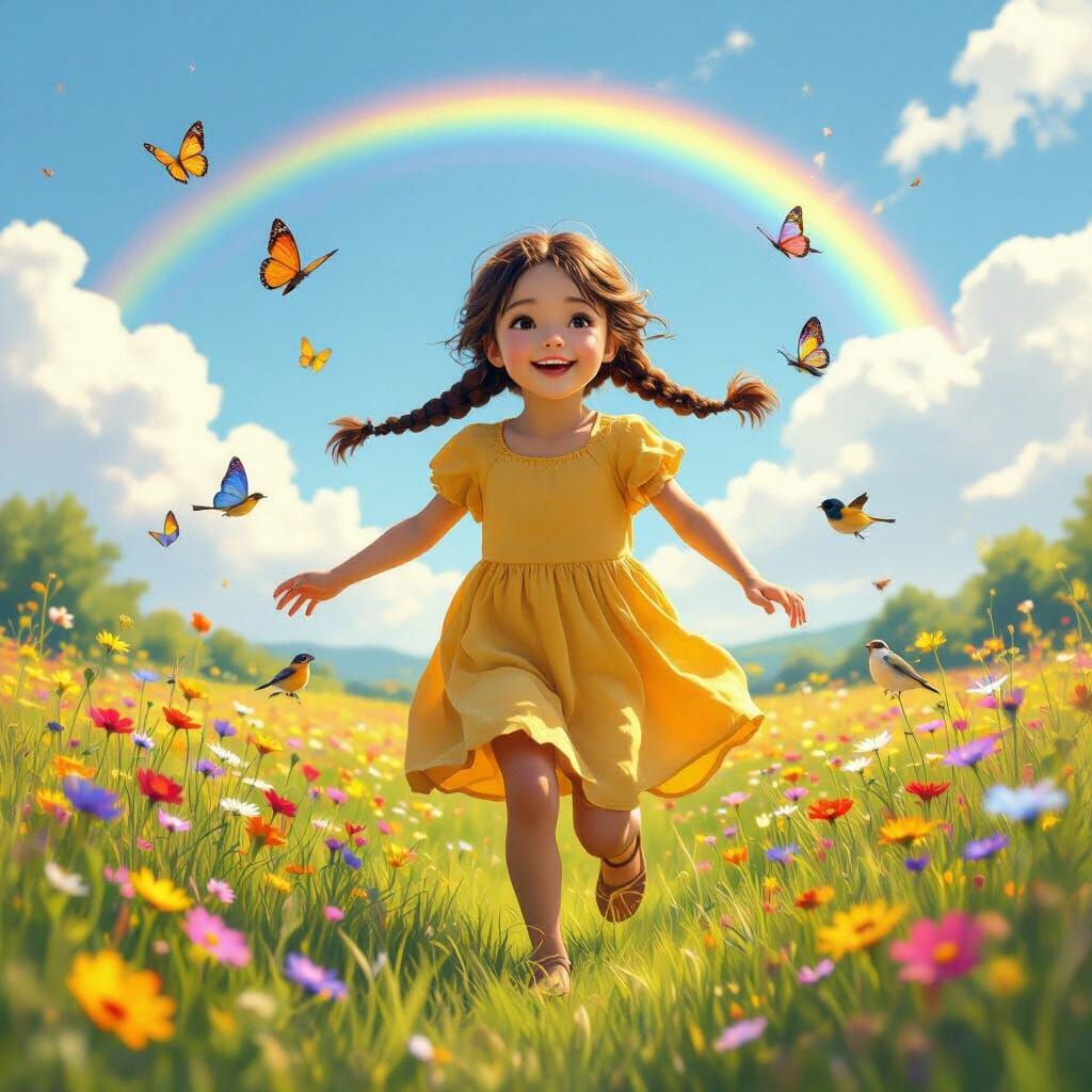 Joyful Girl Plays with Butterflies and Birds Under Rainbow