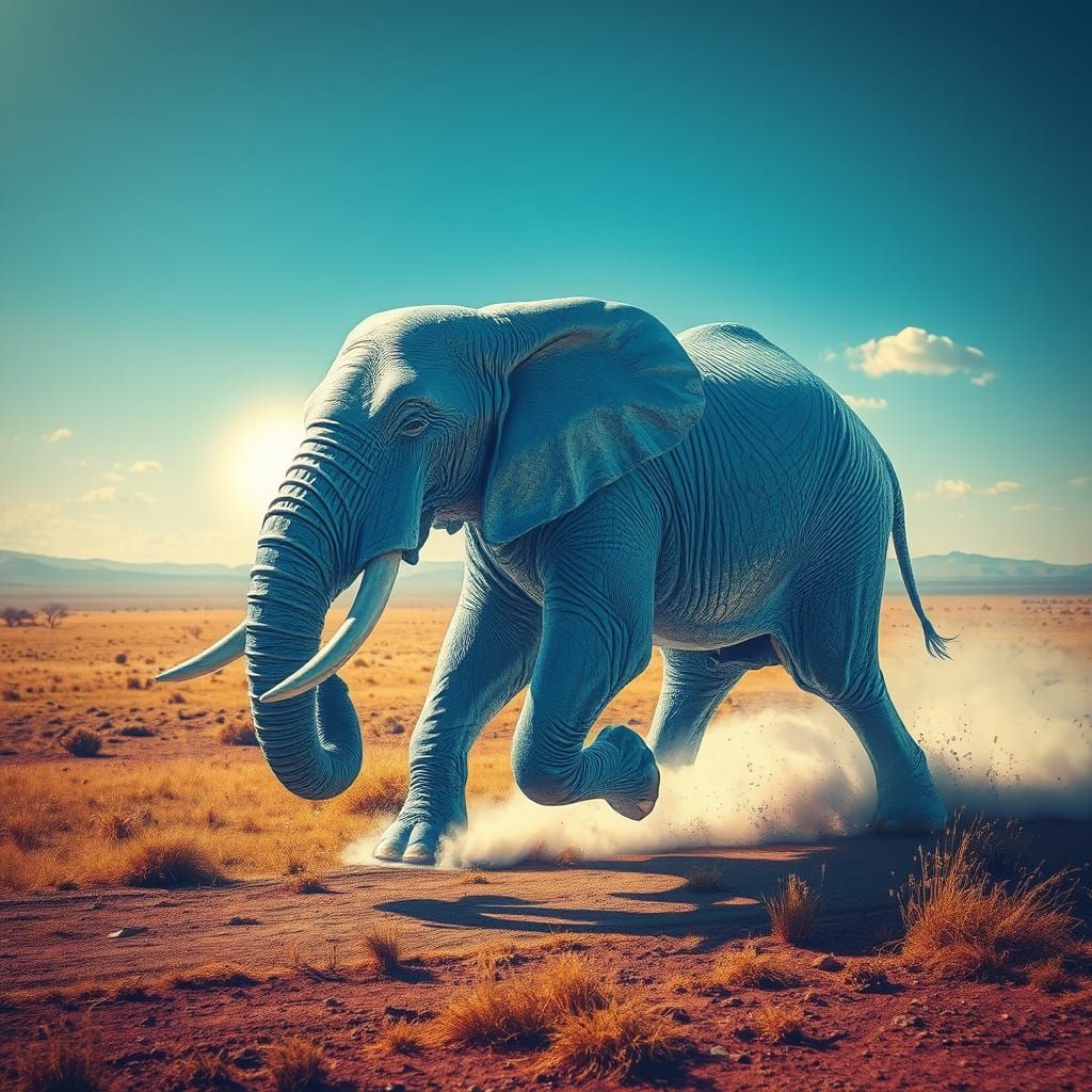 Majestic Water Elephant Charging Across Dreamlike Savannah