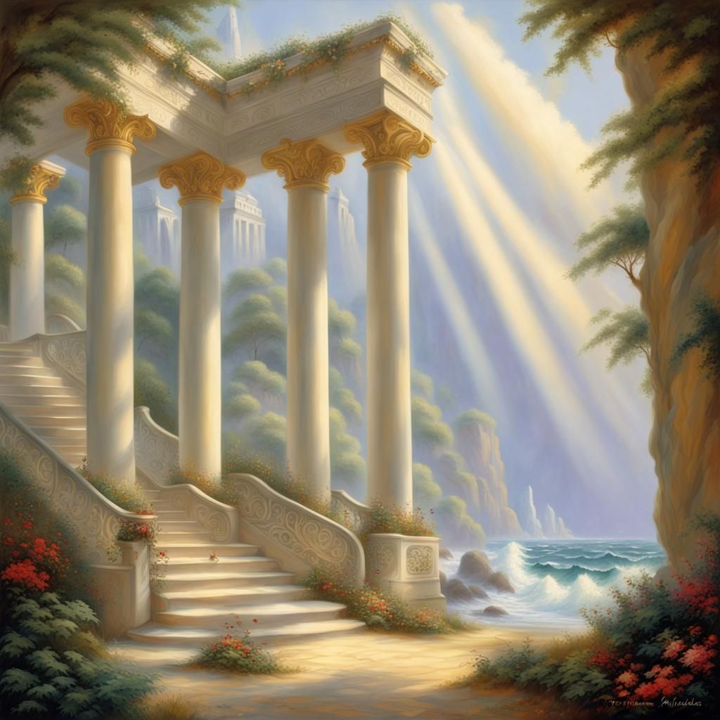 Ethereal Ivory Pillars Ascend from Tropical Shores