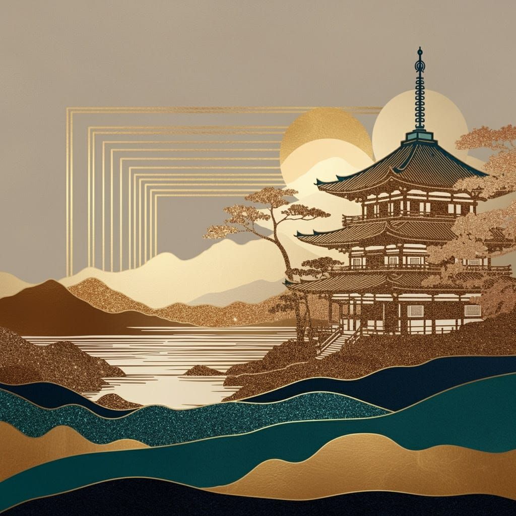 All gold Japanese landscape with temple