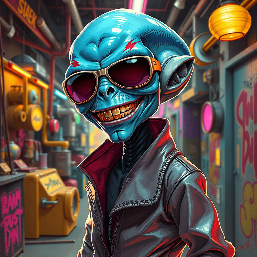 Smiling Alien Sneaks into Retro Warehouse, Cinematic Style