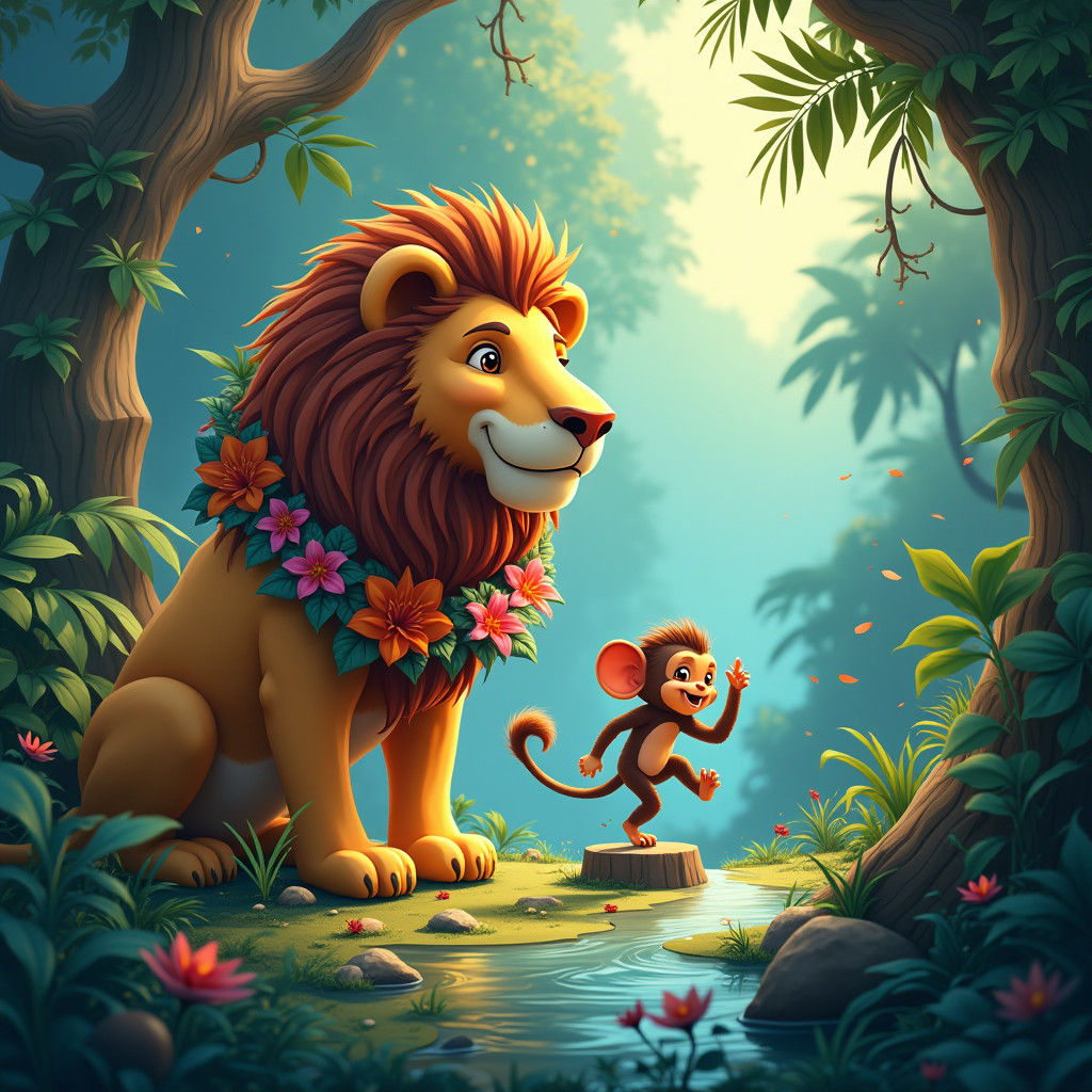 Enchanted Jungle Scene with Lion, Monkey and Elephant