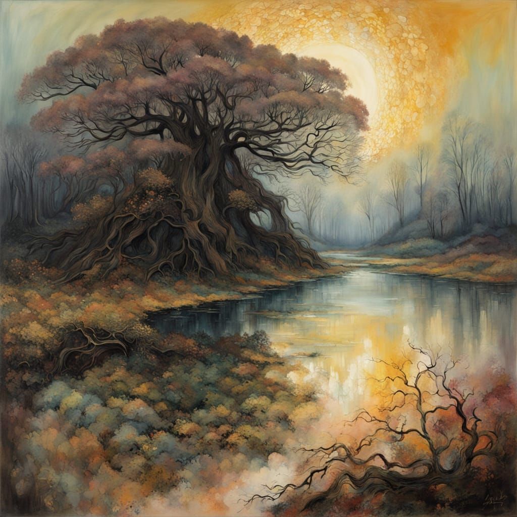 Surreal Watercolour Landscape with Vibrant Fractal Trees