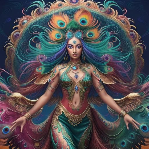 Rainbow Dragon Woman with Peacock Feathers, Digital Art
