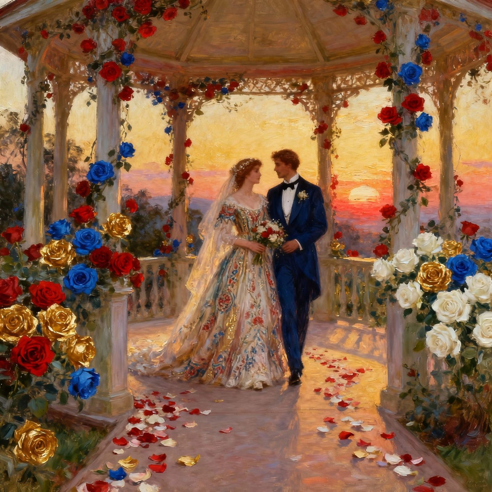 Boho Bride and Groom at Sunset Gazebo Wedding