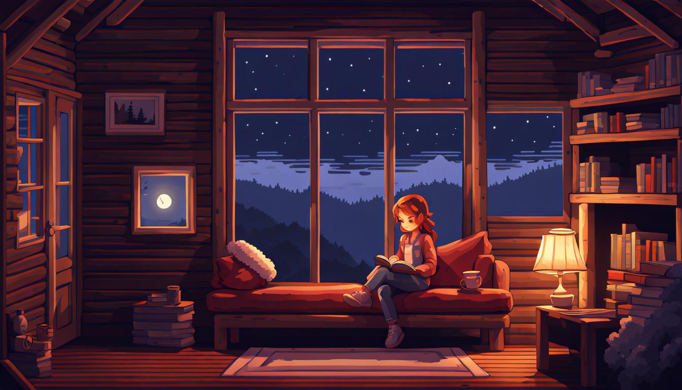 Cozy Cabin Pixel Art: Girl Reading by Moonlight