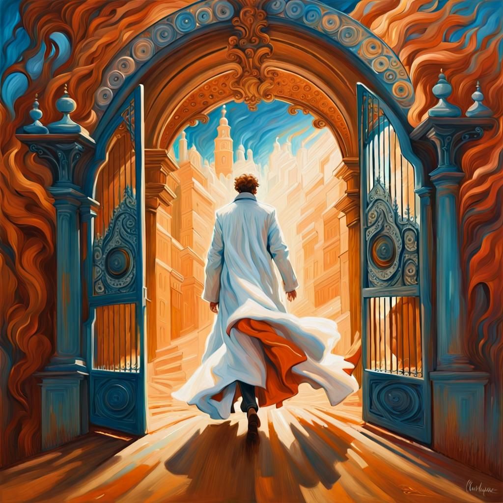 Surreal Gate Burst in Expressionistic Impasto