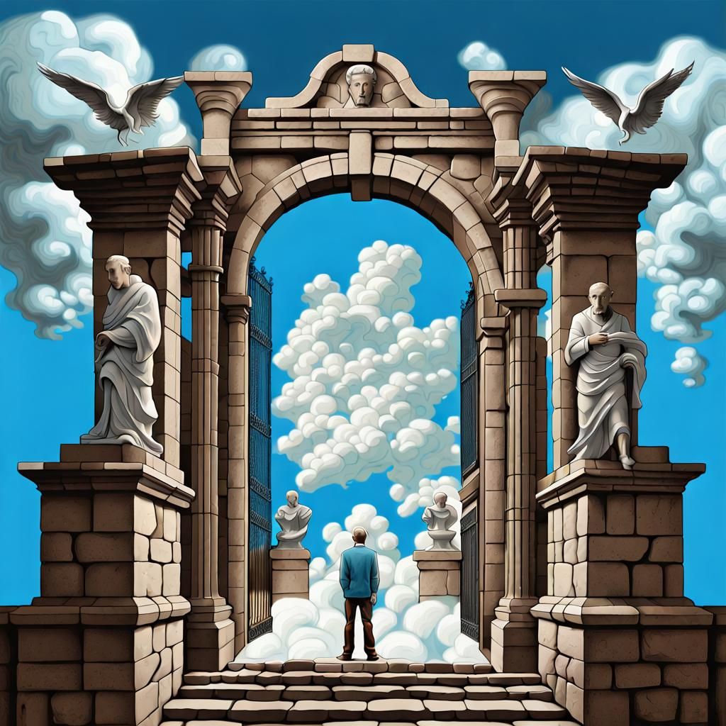 Philosophic Gate: Surreal Digital Art in Sienna and Cerulean