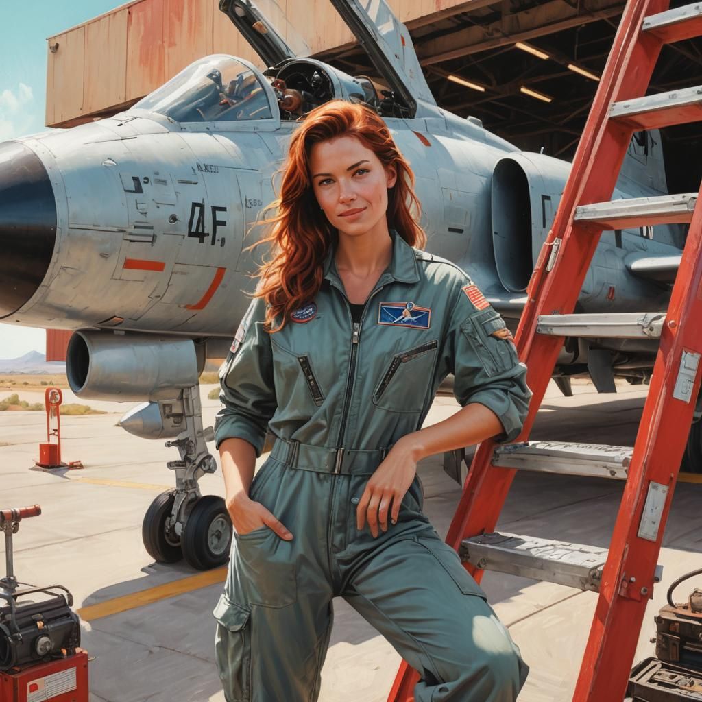 Female Pilot in Flight Suit, Standing on Ladder Beside Phant...