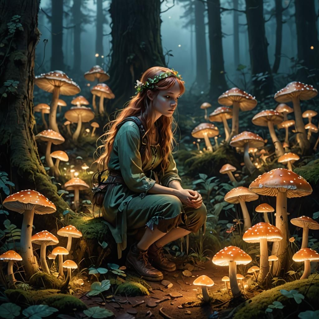 Fairy Kneeling Beside Glowing Mushrooms