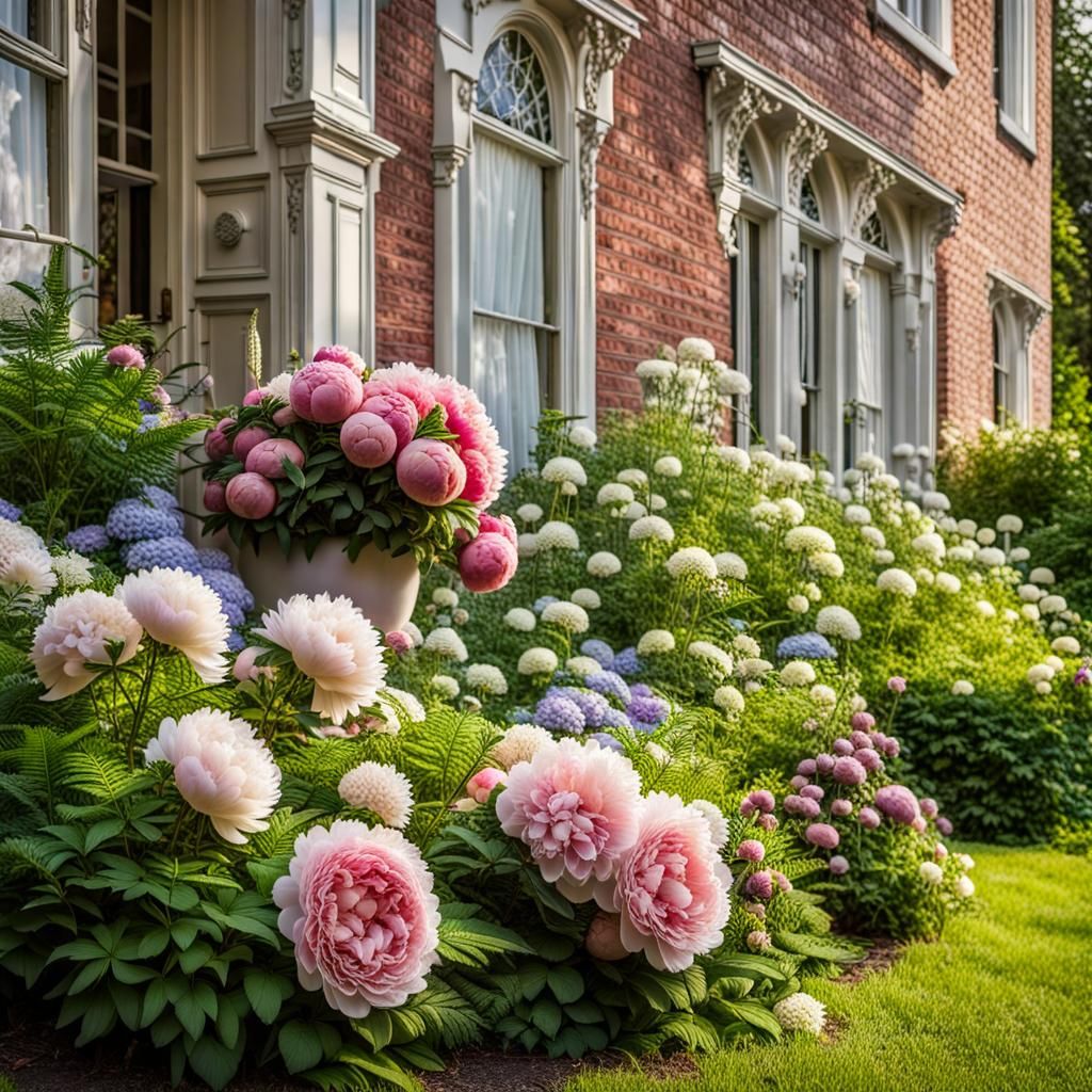 Victorian House Flower Bed in Spring