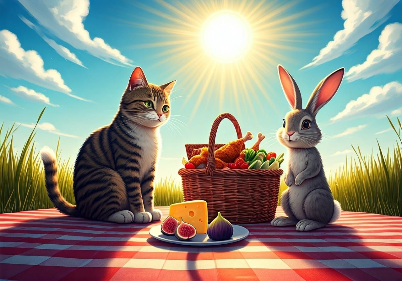Whimsical Friends Share a Sunny Picnic in Vibrant 3D Digital...