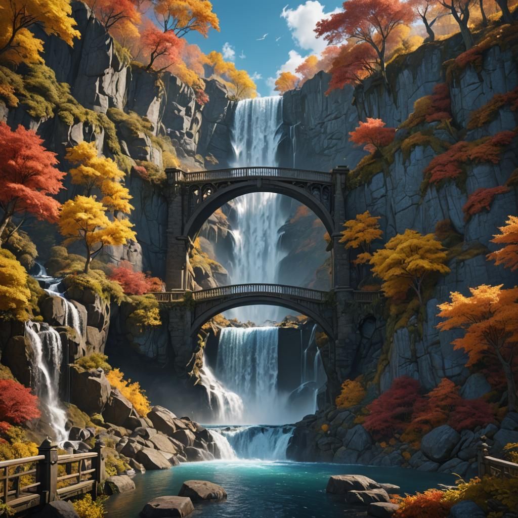 Fantasy Bridge and Waterfall in Detailed Matte Painting Styl...