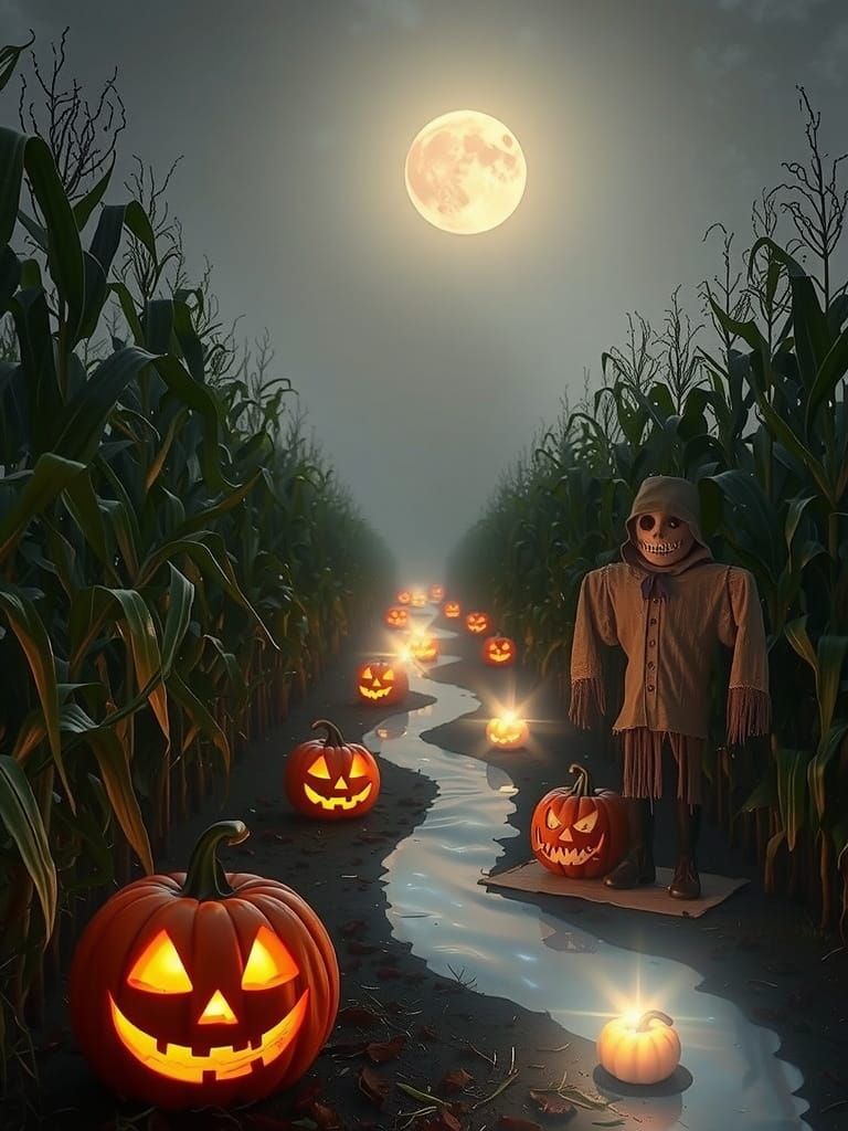 Scarecrow and Jack-o'-Lanterns in Spooky Cornfield Night Sce...