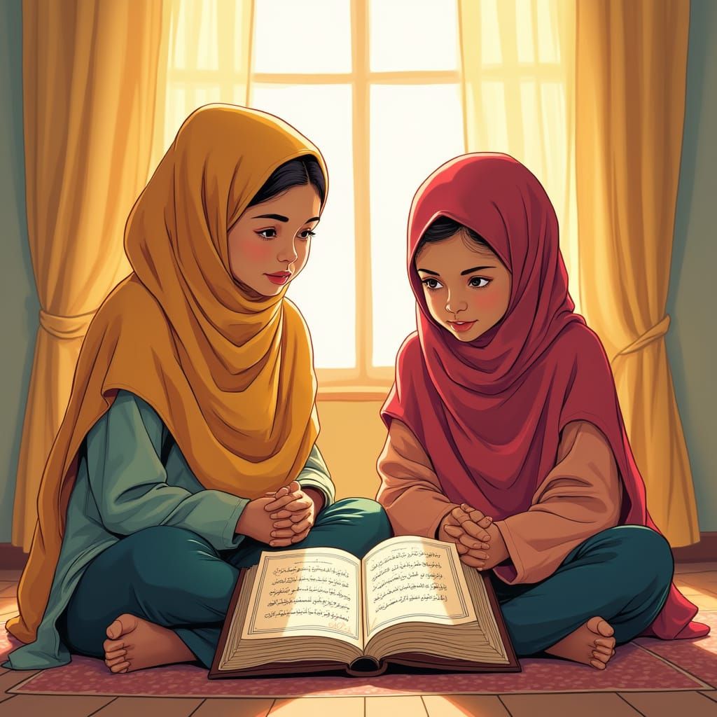 Young Muslim Women in Vibrant Hijabs Sit in Sunlit Room with...