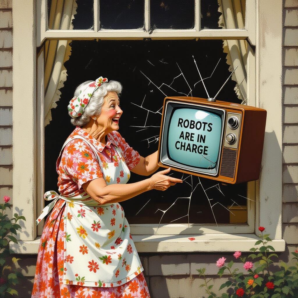 Vintage Woman Tosses Robot TV in Rockwell Style