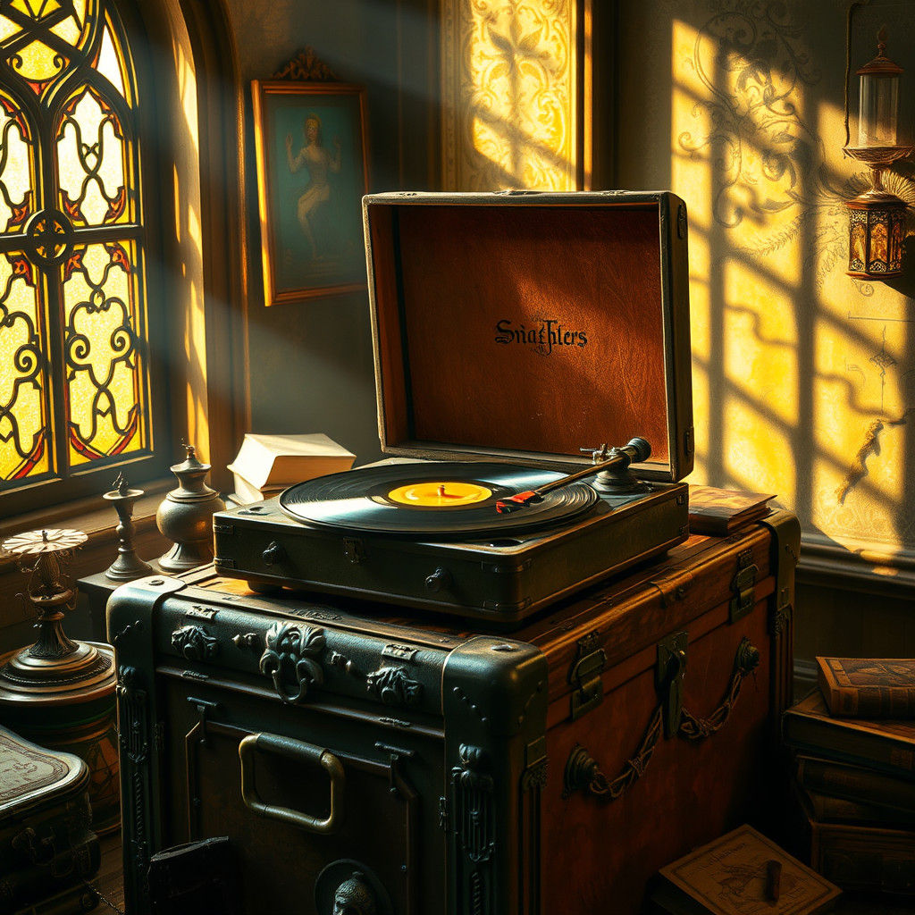 Mystical Vinyl Record Player with Golden Light