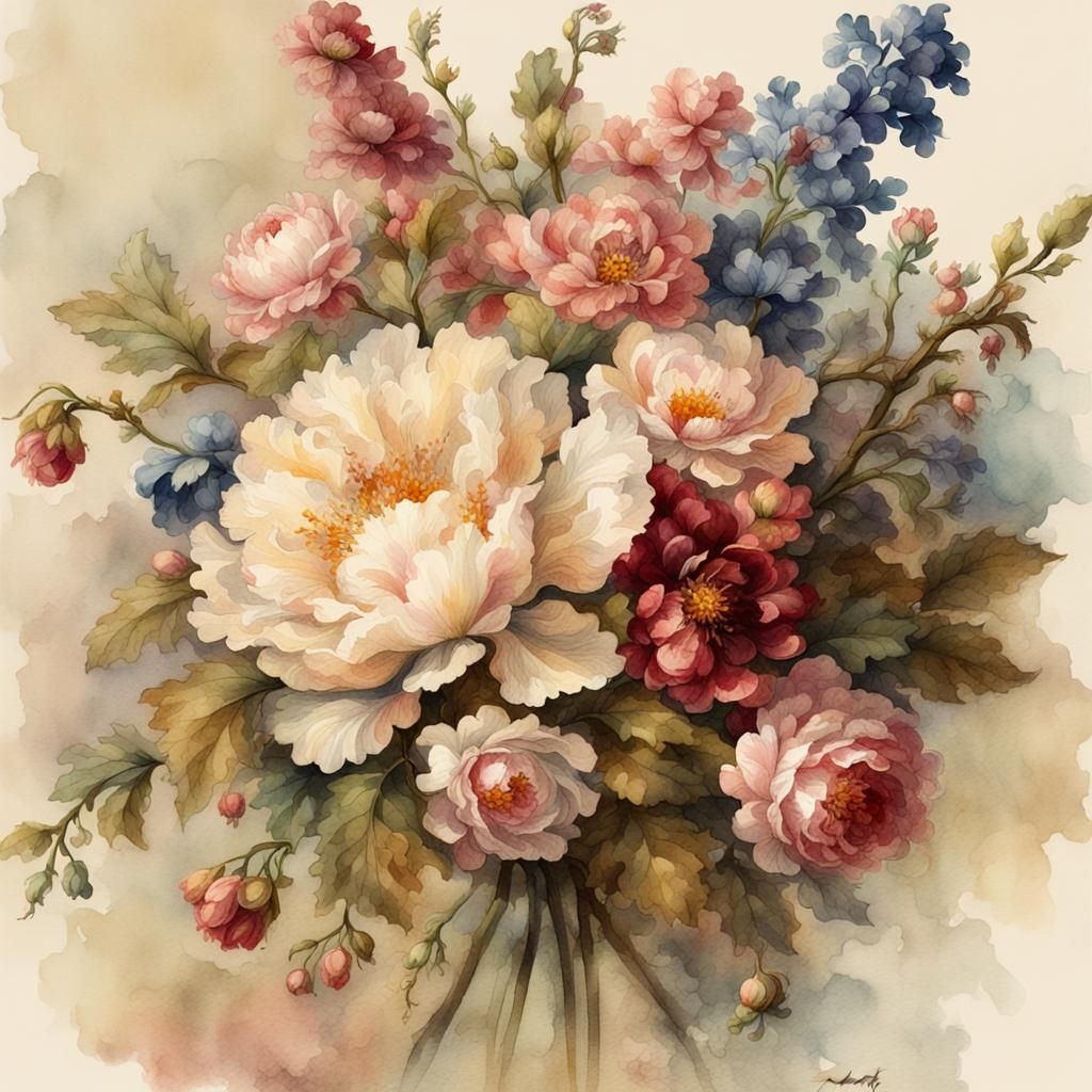 Victorian Bouquet in Digital Watercolor Rococo Style
