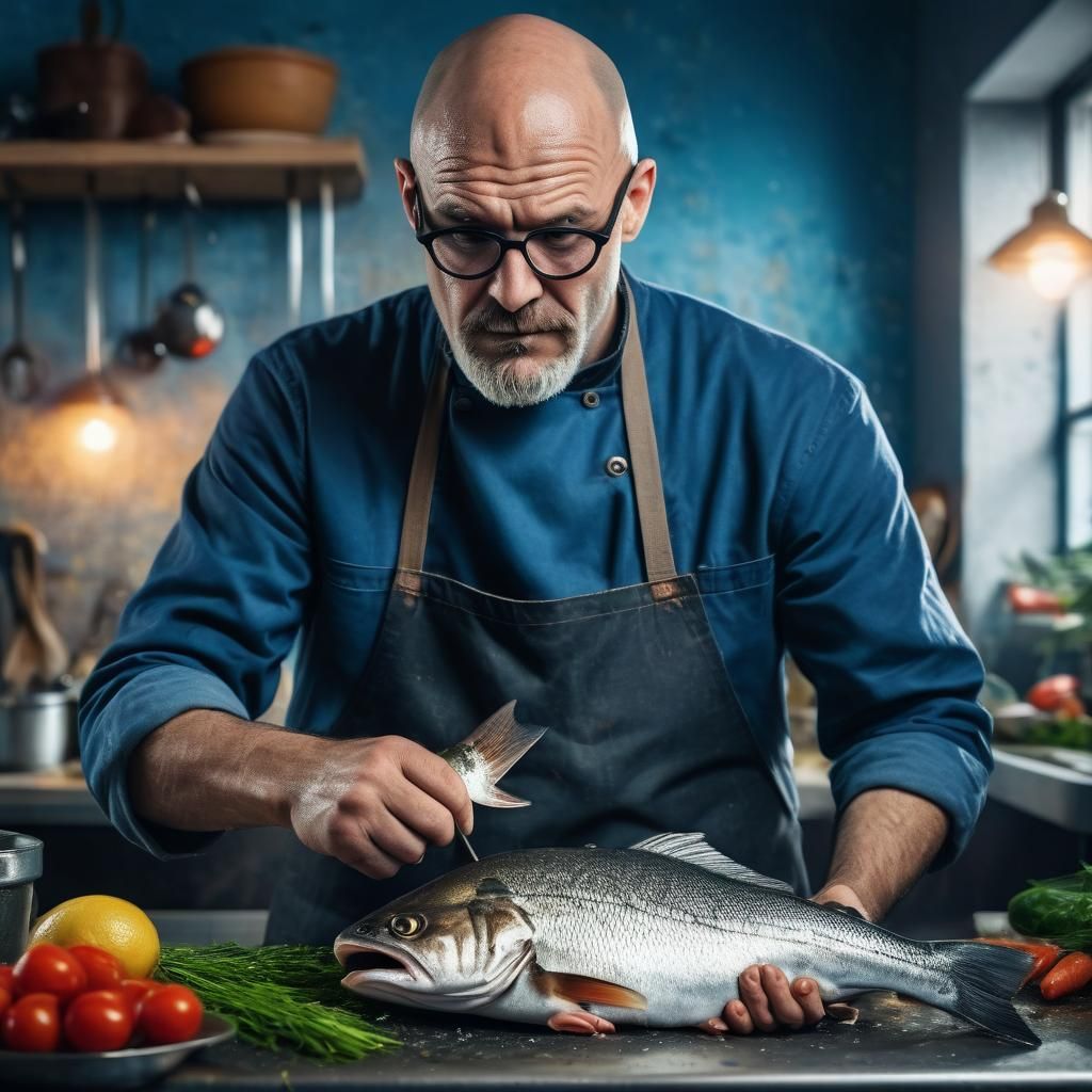 Wild Cook Preparing Fish, Professional Photography