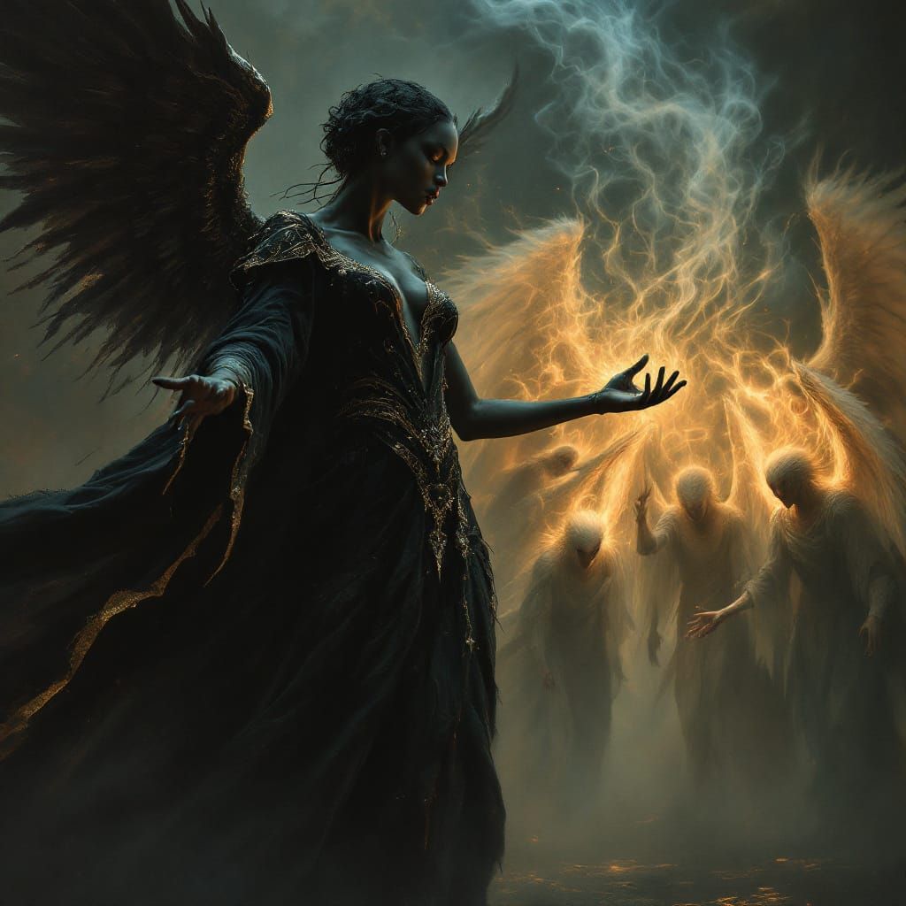 Goddess Transforms Angels into Demons in Baroque Style