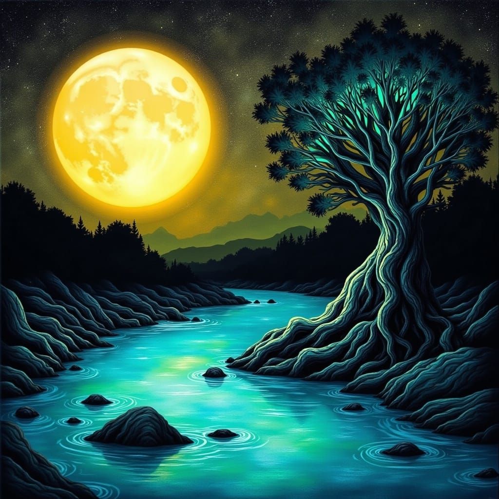 Ethereal Nighttime Landscape with Full Moon and Twisted Oak
