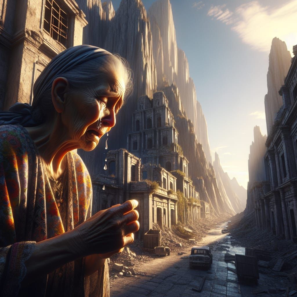 Sorrowful Woman in Ruined City: Hyperrealistic Render