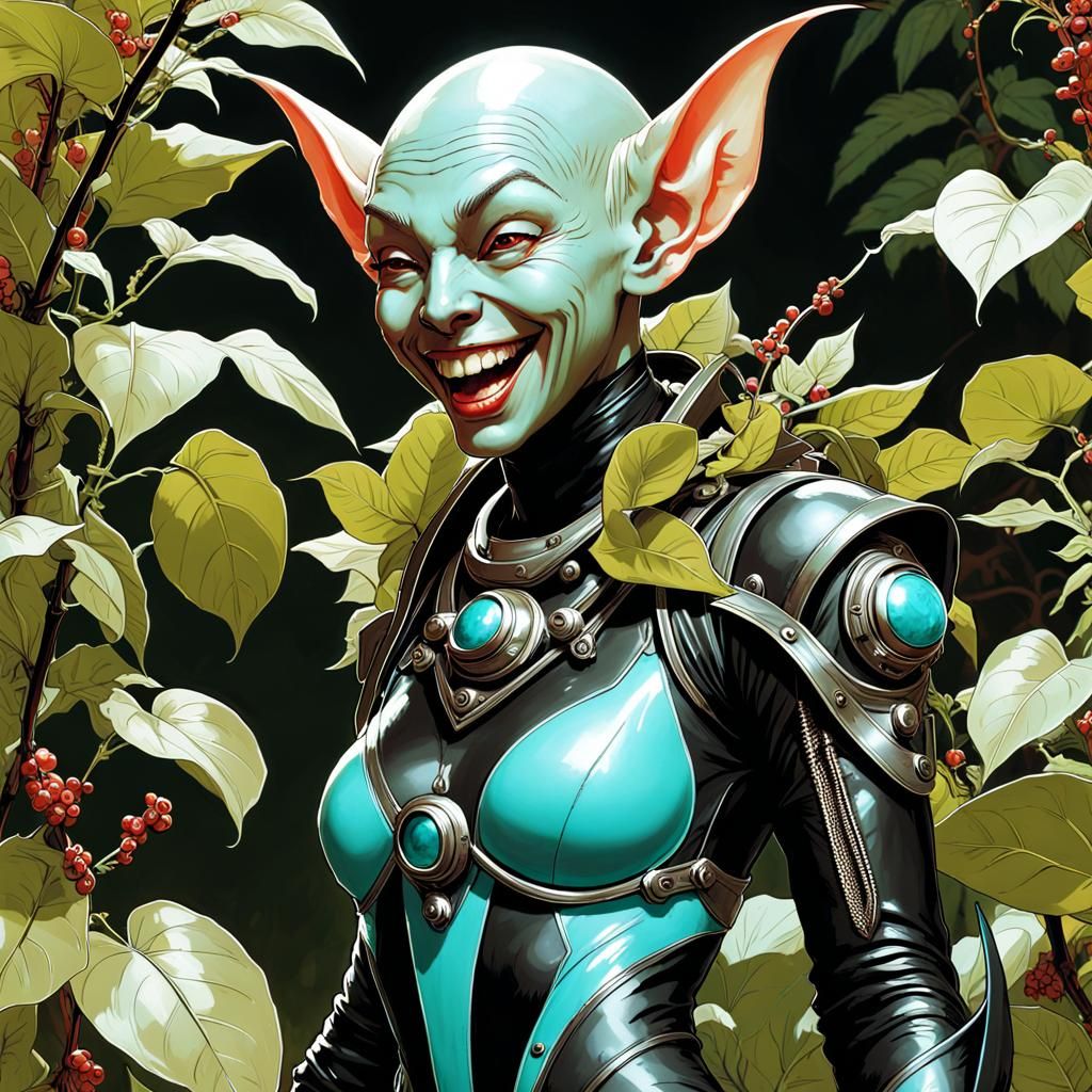 Laughing Turquoise Goblin Scientist in Hazmat Suit