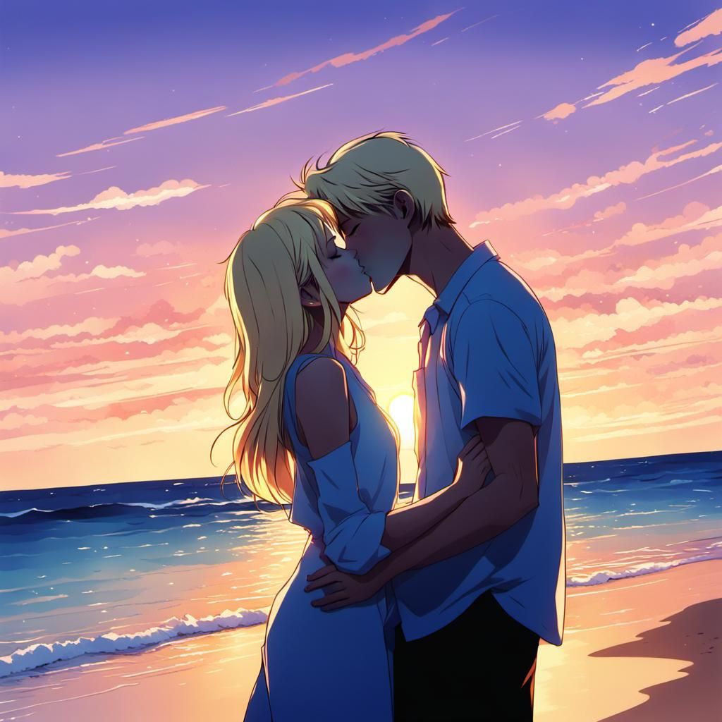 Anime Style: Girl and Boyfriend Kissing on Beach