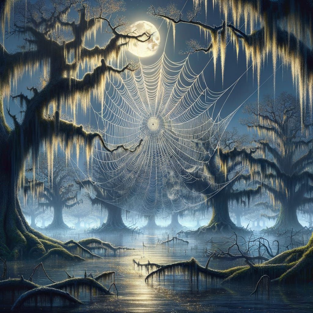 Dew-Covered Cobweb Shines Under Moonlight in Misty Swamp