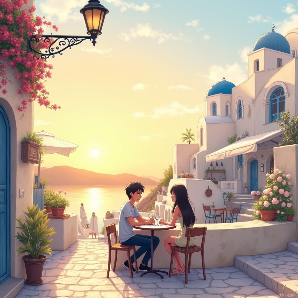 Anime Couple at Santorini Café in Watercolor Style