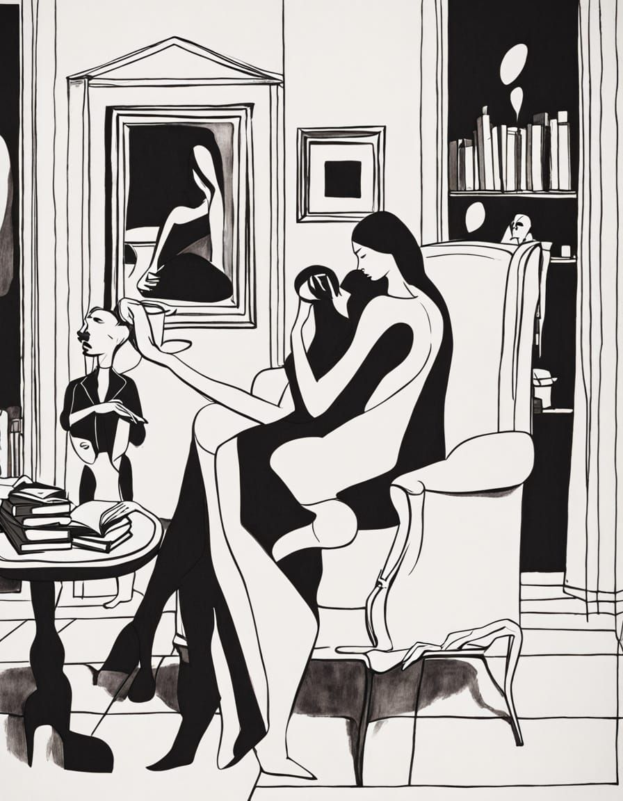 Surreal Mannequins in a Dim Living Room